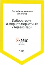 Сертифицированное агентство «Яндекс.Директ», 2013г.